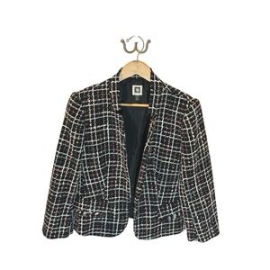 Anne Klein Medium‎ Black Plaid Tweed Open Blazer Jacket Business Career